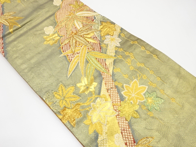 雪輪に笹・楓模様織り出し袋帯